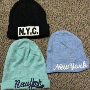 Lot Of 3 NYC New York City Beanie Blue Black Knit Hat Cap Winter Youth or Adult